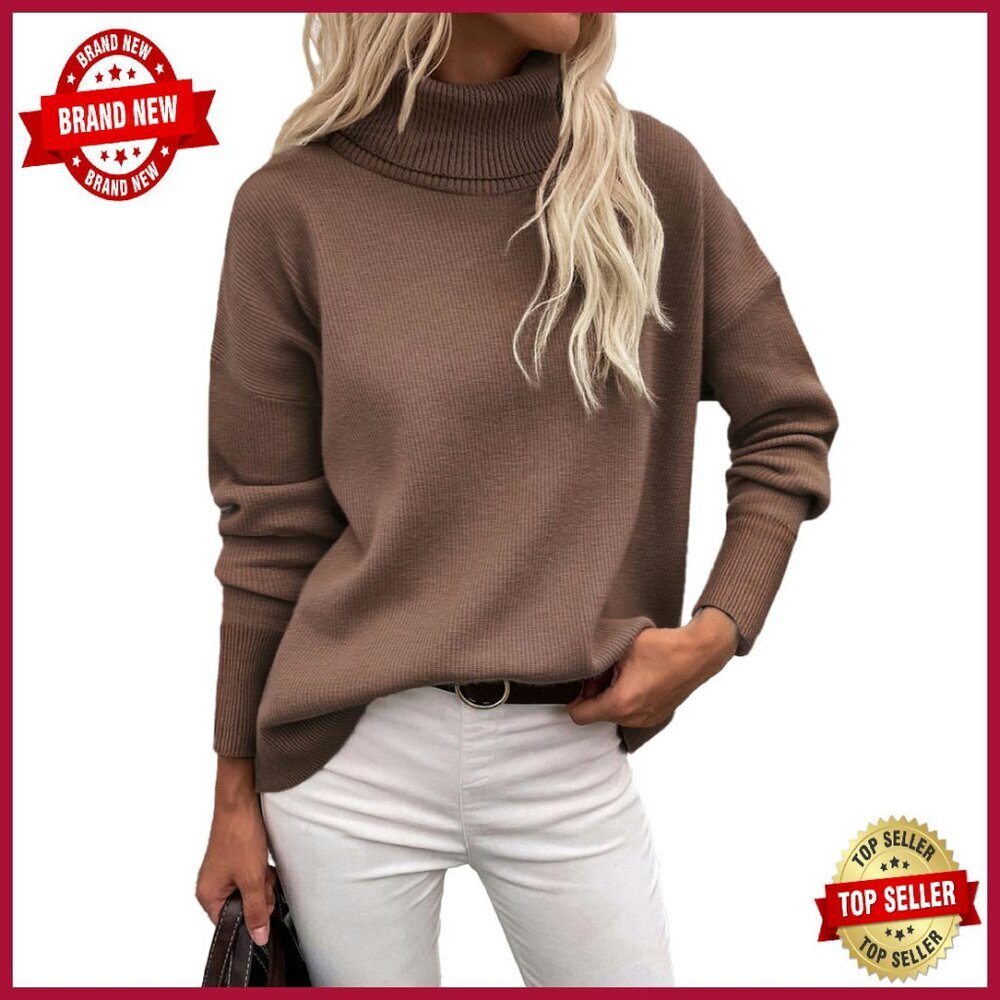 Chunky Knit Turtleneck Sweater High Low Hem Drop Shoulder Oversized Pullover